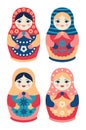 Set of traditional Russian wooden dolls in flat style. Collection of nesting matryoshkas