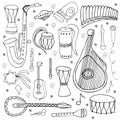 Set of traditional Slavic, Ukrainian musical instruments isolated on a white background. Coloring book. Hand drawn style.