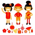 Set of traditional symbols and characters of Chinese New Year. Two girls and boy. Vector illustration of flat design Royalty Free Stock Photo