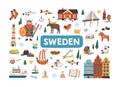 Set of traditional symbols of Sweden and Stockholm isolated on white background. Bundle of Swedish animals, Scandinavian Royalty Free Stock Photo