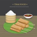 Set of Traditional Thai food, Grilled Pork with sticky rice and spicy sauce over banana leaf. Cartoon Vector illustration.