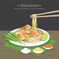 Set of Traditional Thai food, Pad Thai fried noodle with tofu and shrimp. Cartoon Vector illustration