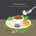 Set of Traditional Thai food, Shrimp Paste Chili Sauce Nam Prik Ka Pi with fresh vegetables. Cartoon Vector illustration.