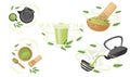 Set of traditional tools for tea ceremony matcha tea vector illustration on white background