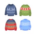 Set Of Traditional Ugly Christmas Sweaters. Funny Holiday Clothes With Deers, Different Cute Prints And Ornaments