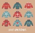 Set of traditional ugly Christmas sweaters. Funny holiday clothes with different cute prints and ornaments