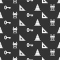 Set Traffic cone, Road barrier, Old key and Triangular ruler on seamless pattern. Vector