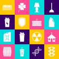 Set Traffic light, Church building, Household chemicals bottle, Table lamp, Shield and Fitness shaker icon. Vector