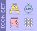 Set Traffic light, Taxi car, Tram and railway and Stopwatch 24 hours icon. Vector Royalty Free Stock Photo