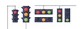 Set of traffic lights with red, yellow and green signals. Stoplights with prohibitory, allowing and waiting signs