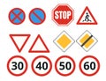 Set of traffic signs collection. Red stop sign. Yellow square warning. Speed limit circles (30, 40, 50, 60).