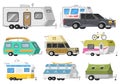 A set of trailers or family RV camping caravan. Tourist bus and tent for outdoor recreation and travel. Mobile home