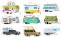 A set of trailers or family RV camping caravan. Tourist bus and tent for outdoor recreation and travel. Mobile home