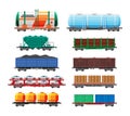Set of train cargo wagons, cisterns, tanks, cars