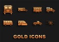 Set Train, Delivery Cargo Truck Vehicle, Old Retro Vintage Plane, Pickup, Bus, City Tram, School And Icon. Vector
