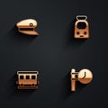 Set Train driver hat, and railway, Passenger train cars and station clock icon with long shadow. Vector