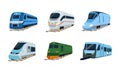 Set of train locomotives. Retro and modern rail transport flat vector illustration