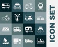 Set Train and railway, Cruise ship, Tram, Scooter, Submarine, Bus and Rv Camping trailer icon. Vector