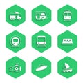 Set Train and railway, Speedboat, Yacht sailboat, Taxi car roof, Submarine, Tram and Trolleybus icon. Vector