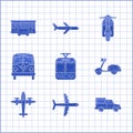 Set Tram and railway, Plane, Delivery cargo truck vehicle, Scooter, Old retro vintage plane, Retro minivan, and city