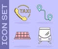 Set Tram and railway, Taxi call telephone service, Taxi car roof and Route location icon. Vector Royalty Free Stock Photo