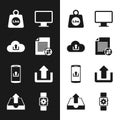 Set Transfer files, Cloud upload, Weight pounds, Computer monitor screen, Smartphone with and Upload icon. Vector Royalty Free Stock Photo