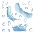 Set of translucent water splashes and drops in light blue colors, isolated on transparent background.