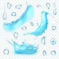 Set of translucent water splashes and drops in light blue colors, on transparent background.
