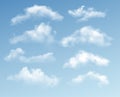 Set of transparent different clouds isolated on blue background. Real transparency effect. Vector illustration Royalty Free Stock Photo