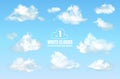 Set of transparent different clouds isolated on blue background. Real transparency effect. Vector illustration EPS10 Royalty Free Stock Photo