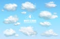 Set 4 of transparent different clouds isolated on blue background. Real transparency effect. Vector illustration EPS10