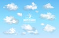 Set 3 of transparent different clouds isolated on blue background. Real transparency effect. Vector illustration EPS10 Royalty Free Stock Photo