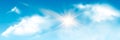 Set of transparent different clouds with sun. Spring, summer isolated on blue background. Real transparency effect. Royalty Free Stock Photo