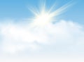 Set of transparent different clouds with sun. Spring, summer isolated on blue background. Real transparency effect. Royalty Free Stock Photo