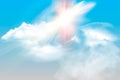 Set of transparent different clouds with sun. Spring, summer isolated on blue background. Real transparency effect Royalty Free Stock Photo