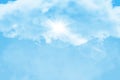 Set of transparent different clouds with sun. Spring, summer isolated on blue background. Real transparency effect. Royalty Free Stock Photo