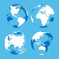 Set of transparent Earth globes with blue and white land silhouette map. Vector illustration