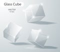 Set of transparent glass cubes in different angles. Geometric surfac. Rotate the cube. Vector illustration.