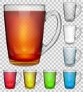 Set of transparent glass cups with multicolored drinks