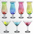 Set of transparent glass goblets with cocktails