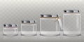 Set of transparent glass jars for storage of food products, canning and preserving,