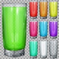 Set of transparent glasses with multicolored drinks