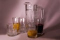 Set of transparent glassware. Pitcher and glasses.