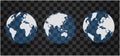 Set of transparent globes of Earth. Realistic world map in globe shape with transparent texture Royalty Free Stock Photo