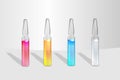 Set of transparent Medical Ampoules with Colorful liquid drug solution. Vial hypodermic injection. Treatment disease