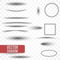 Set of transparent oval shadows isolated on transparent background. Vector
