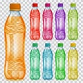 Set of transparent plastic bottles with multicolored juices Royalty Free Stock Photo