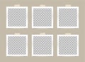 Set of  transparent square photo frames with adhesive tape. Mockup for modern design. Blank template on a beige background. Vector Royalty Free Stock Photo