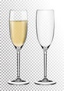 Set transparent vector champagne glasses empty, with sparkling wine. Vector illustration in photorealistic style. Royalty Free Stock Photo