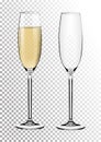 Set transparent vector champagne glasses empty, with sparkling wine. Vector illustration in photorealistic style. Royalty Free Stock Photo